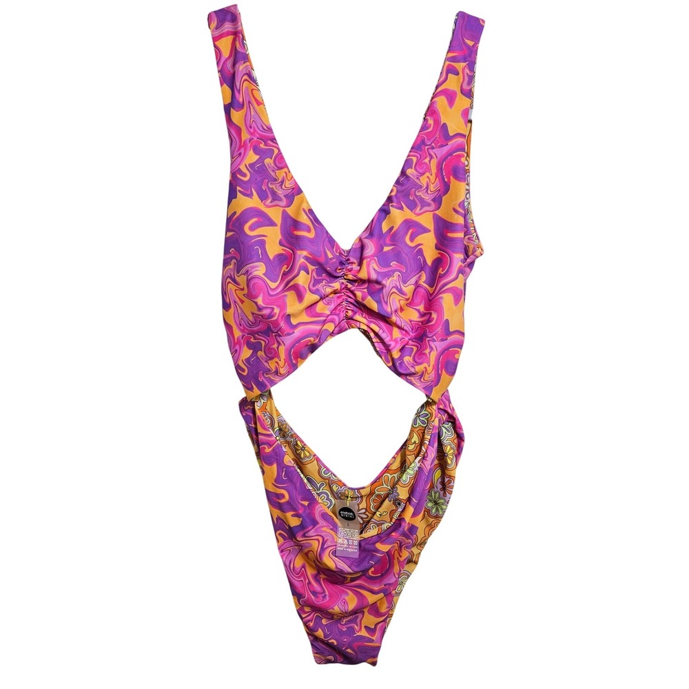 Moana Bikini One Piece Swimsuit Reversible Cutout Floral Vacation Purple L